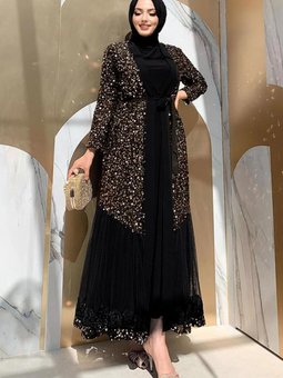 Kadın Siyah (siyah Gold) Pul Payetli Abaya T 6737
