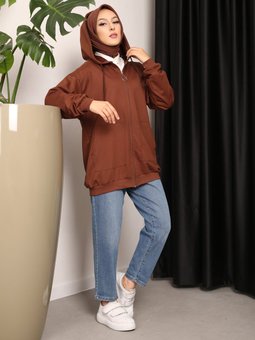 Kanguru Cepli Fermuarlı Kahverengi Hırka