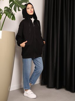 Kanguru Cepli Fermuarlı Siyah Hırka