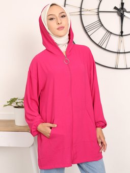 Kanguru Cepli Kapşonlu Fuşya Hırka