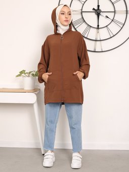 Kanguru Cepli Kapşonlu Kahverengi Hırka