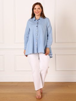 Büyük Beden Asimetrik Kesim Kot Buz Mavisi Gömlek