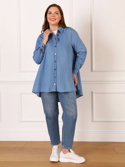 Büyük Beden Asimetrik Kesim Kot Mavi Gömlek