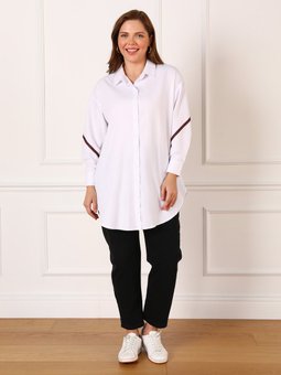 Büyük Beden Şerit Detayı Off White Gömlek