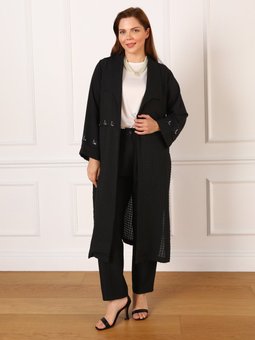 Siyah Büyük Beden Taş Detaylıkap / Pardesü