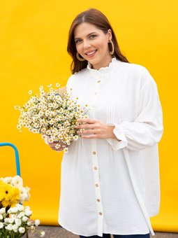 Yakası Fırfır Detaylı Büyük Beden Aerobin Off White Tunik