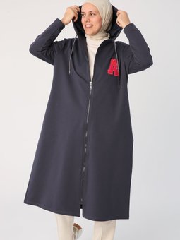 Duman Büyük Beden Aplike Nakışlı Kapüşonlu Hırka