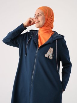 Koyu İndigo Büyük Beden Aplike Nakışlı Kapüşonlu Hırka