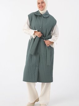 Küf Oversize Çıtçıtlı Dikey Çizgi Uzun Kapitone Yelek