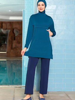 Petrol Yeşili Likralı Kanguru Cepli Tam Kapalı Mayo