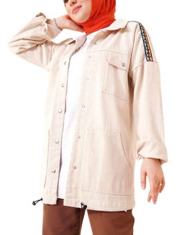 Ham Ekru Omuz Nakışlı Çıtçıtlı Kot Ceket