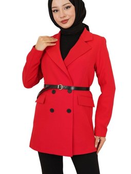Kırmızı Kruvaze Yaka Kemerli Dört Düğmeli Ceket