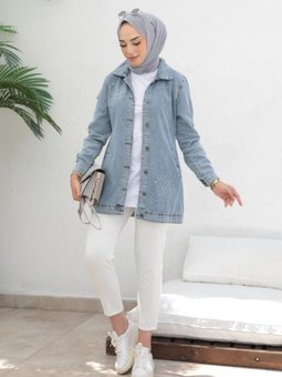 7703 Taş Işlemeli Kot Ceket Mavi