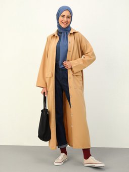 Cep Ve Metal Düğme Detaylı Uzun Koyu Bej Kap