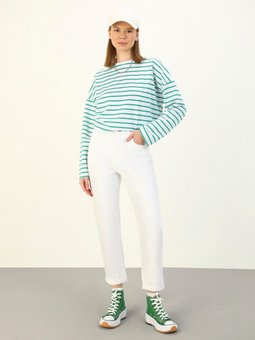 Paça Detaylı Boyfriend Kot Pantolon Beyaz