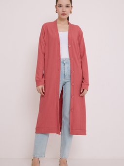 Gül Kurusu Düğmeli Uzun Hırka 5922