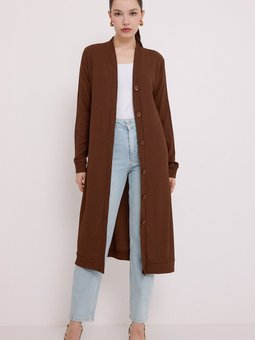Kahverengi Düğmeli Uzun Hırka 5922
