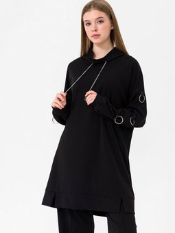 Siyah Kolu Halka Detaylı Degaje Yaka Sweat