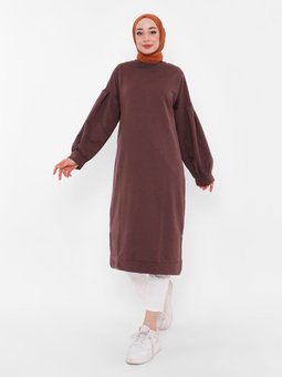 Balon Kollu Uzun Sweatshirt Kahverengi