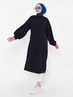 Balon Kollu Uzun Sweatshirt Siyah