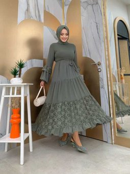 Dantel Detaylı Kat Görünümlü Şifon Kuşaklı Elbise 3584 Mint