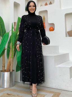 İncili Abaya Ve Elbise Takım 8491 Siyah