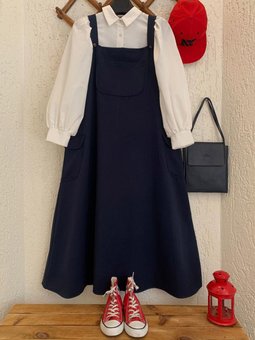 Lacivert Keten Etekli Salopet & Beyaz Klasik Yaka Crop Gömlek