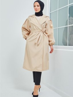 Belden Bağlamalı Krem Balon Kol Trenç