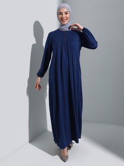 Düğme Detaylı Robalı Dark İndigo Elbise
