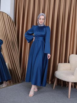 Mavi Nila Bel Geniş Bağlamalı Saten Abiye Elbise