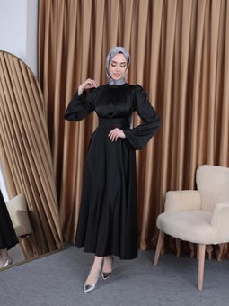 Siyah Nila Bel Geniş Bağlamalı Saten Abiye Elbise