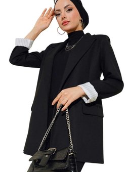 Siyah Kruvaze Yaka Kol Katlamalı Düğmesiz Ceket