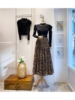 Astarlı Leopar Desenli Uzun Şifon Etek