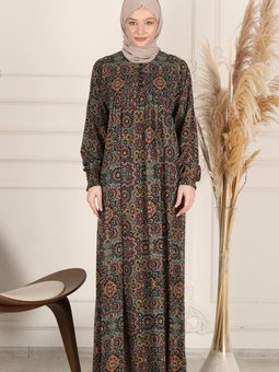 Büzgü Robadan Önü Düğmeli Viskon Kumaş Tessetür Giyim Anne Namaz Elbisesi