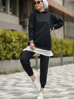 Garnili Baskılı Kapüşonlu İkili Takım Siyah