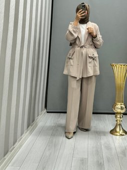Beli Lastikli Ceket Pantolon Takımı Bej 4ygstkm3860