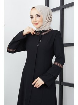 Büyük Beden Nakış işleme Detaylı siyah Ferace