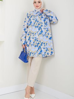 Çiçek Desenli Cepli Büyük Beden Tunik Mavi Hm2415