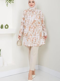 Kazayağı Desenli Cepli Büyük Beden Tunik Bej Hm2416