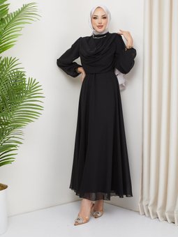 Büyük Beden Ariyana Şal Yaka Abiye Elbise Siyah