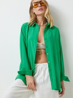 Yeşil Oversize Uzun Keten Ayrobin Gömlek To00141