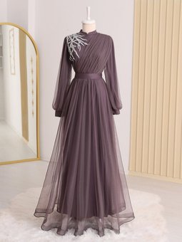 Önü Taş Detaylı Drapeli Kemerli Tül Abiye Elbise