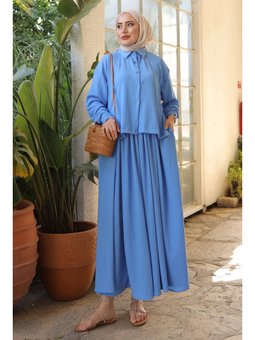 Bebe Mavi Ön Kısa Arka Uzun Gömlek Etek Bürümcük Takım