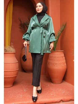Haki Balon Kol Kruvaze Yaka Kuşaklı Saten Ceket