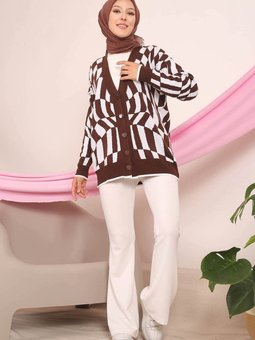 Kahverengi Modest Düğmeli Desenli Triko Hırka