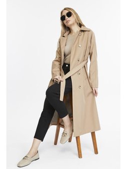 Uzun Boy Kemerli Astarlı Vizon Trençkot