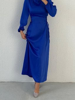 Belden Bağlama Detaylı Saten Abiye Elbise Saks Mavisi