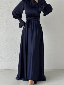 Volan Kol Detaylı Saten Abiye Elbise Lacivert