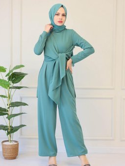 Kuşak Detaylı Krep Kumaş Tulum Mint