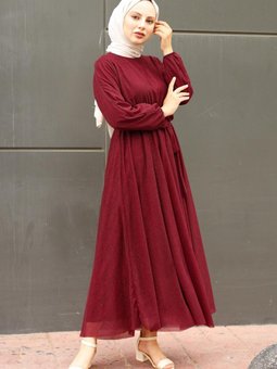 Sade Simli Kuşaklı Abiye Elbise Bordo